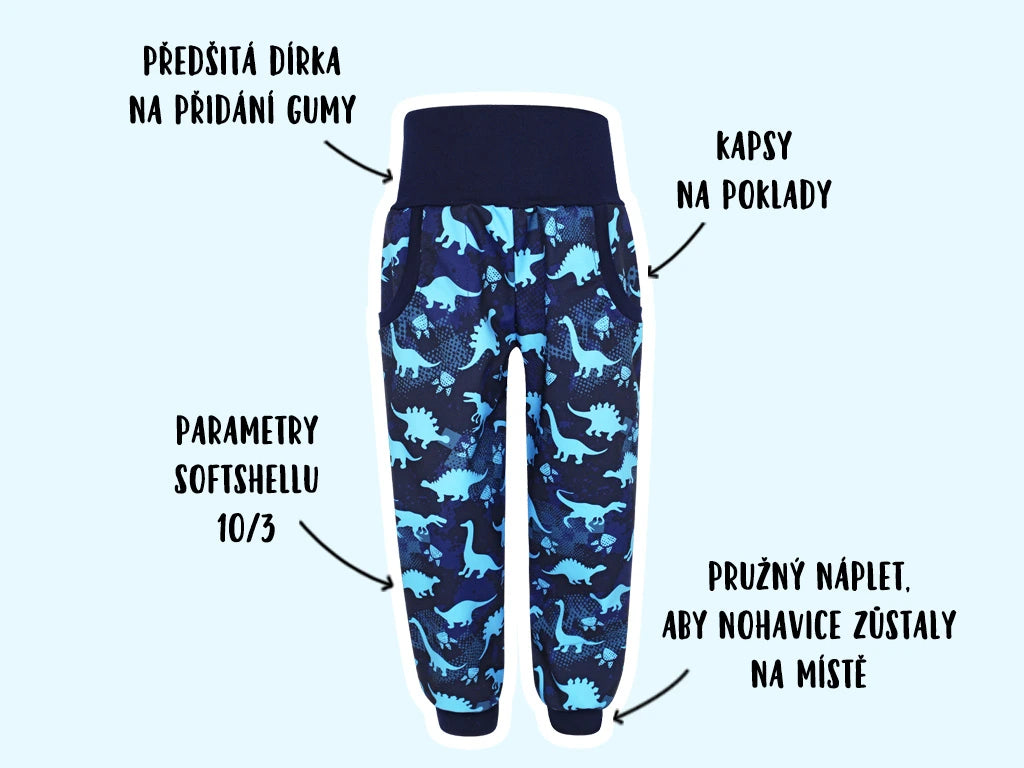 Softshellové kalhoty Dinosauři - modří (s fleecem)