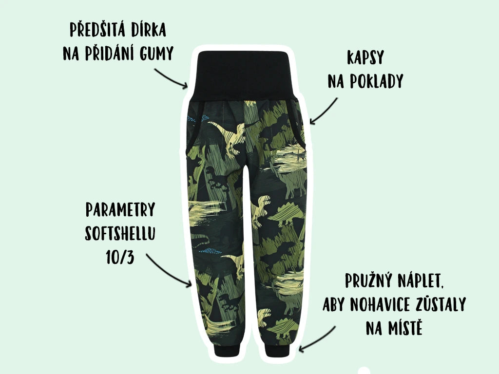 Softshellové kalhoty Dinosauři - zelení (s fleecem)