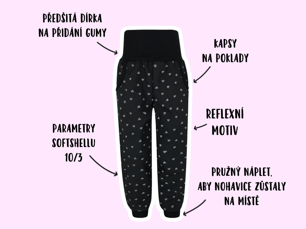 SLIM softshellové kalhoty Reflexní srdíčka (s fleecem)