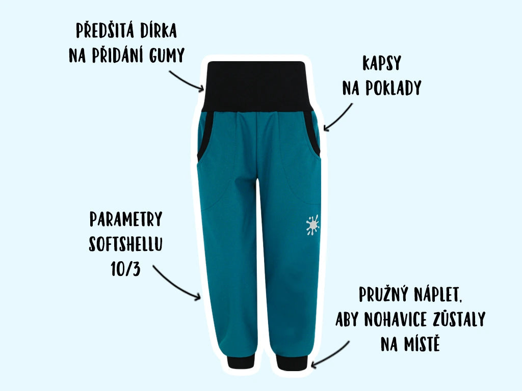 Petrolejové softshellové kalhoty (s fleecem)