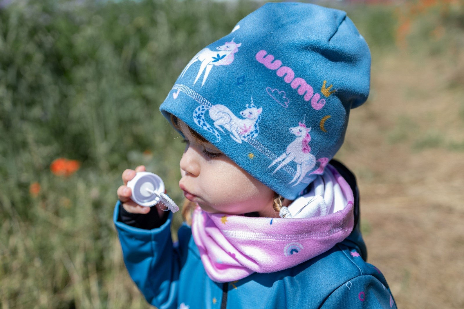 Fleecová čepice dětská, JEDNOROŽCI, petrolejová