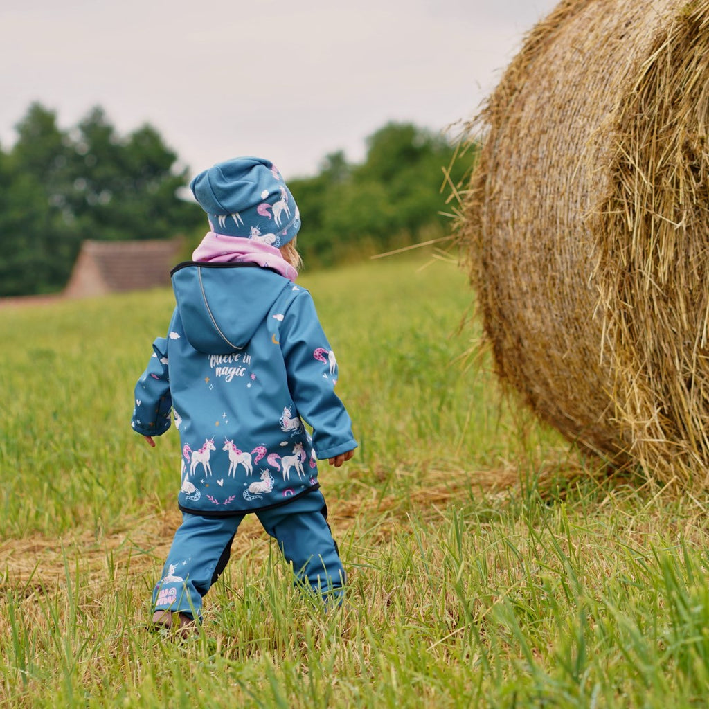 Softshellové kalhoty dětské, JEDNOROŽCI, petrolejová